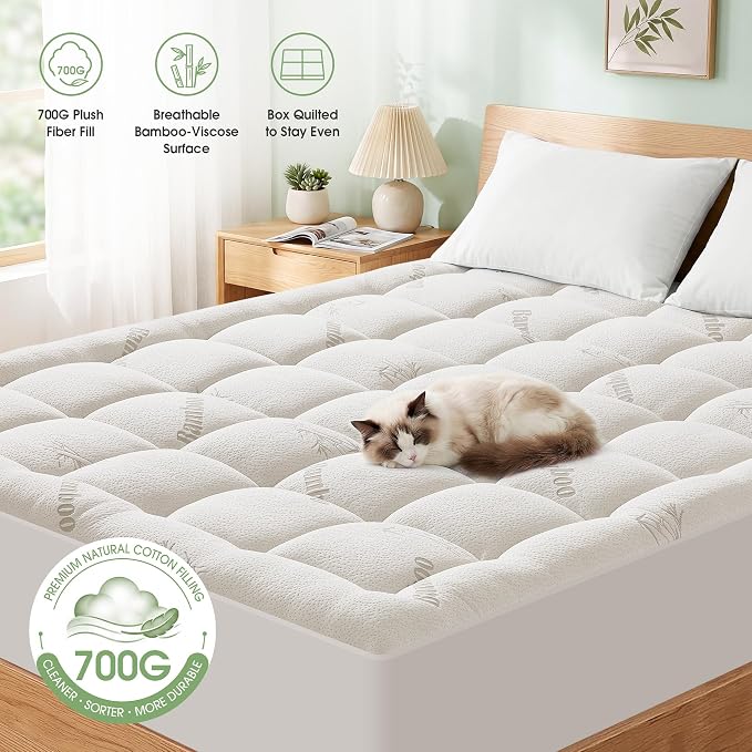 Mattress Pad California King Size, Cooling Pillow Top Mattress Topper, Ultra Soft Viscose Made from Bamboo, Breathable for Hot Sleepers, Deep Pocket 8"-20", White