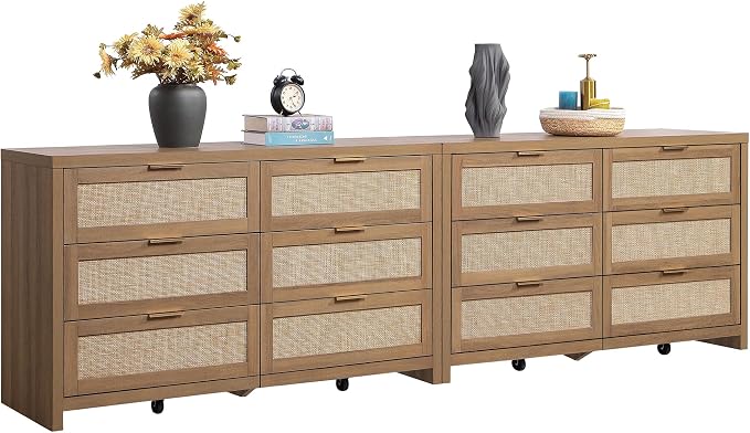 SICOTAS Rattan Dressers for Bedroom Set 2, Large 6 Drawer Dresser | Long Chest of Drawers, Dresser Farmhouse TV Stand for Bedroom, Living Room, Nursery, Closet, Reclaimed Caramel Oak, 2 Pieces