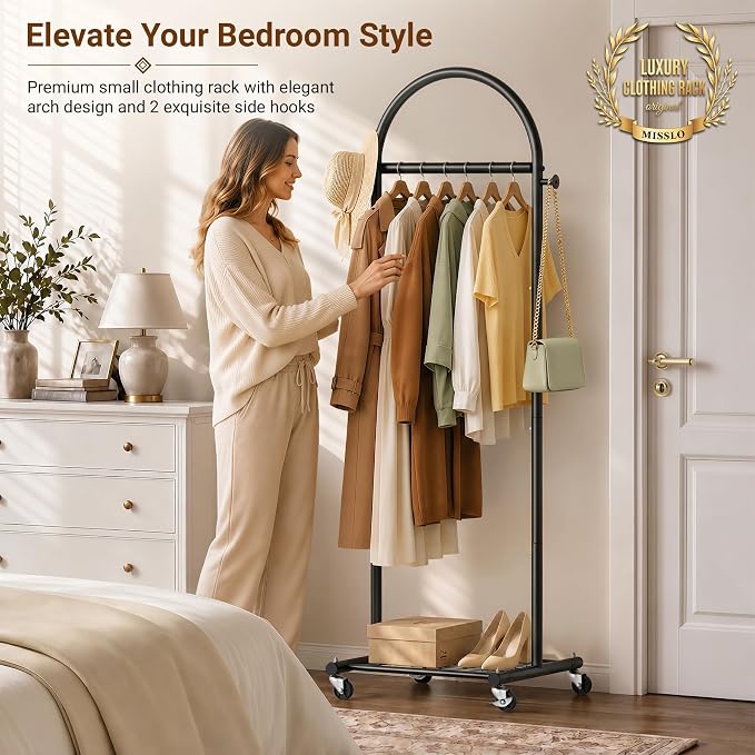 MISSLO 18" Small Clothes Racks for Hanging Clothes Arched Shape Black Clothing Rack with Wheels 70" Metal Rolling Garment Rack with Shelves for Small Space, Bedroom, Laundry, Black