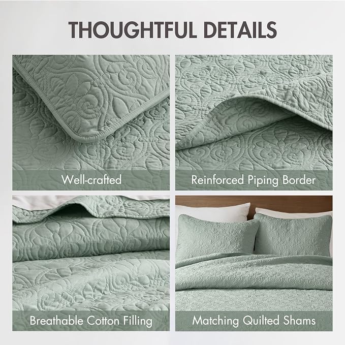 Madison Park Twin Quilt Bedding Set, Cottage-Inspired Damask, 2PC | All Season Quilted Coverlet, Classic Stitch Pattern Bedspread & Shams, Ultra Soft Microfiber Bedspread Set, Seafoam