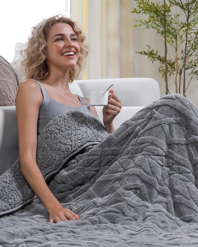 Cottonblue Weighted Blanket for Adults Queen Size 20lbs 60x80in Soft Fleece | Sherpa Jacquard Weighted Blankets Throw for Sleep Calm Relax, Chunky Warm Grey Heavy Blanket for Bed Sofa Couch, Washable
