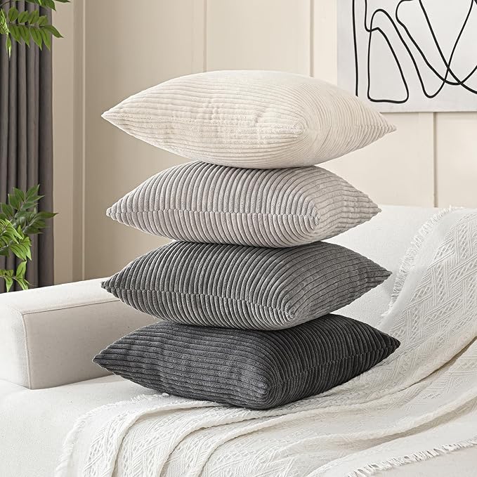Volcanics Set of 4 Neutral Grey Corduroy Couch Throw Pillow Covers 20x20 in | Decorative Modern Farmhouse Striped Cushion Cases, Soft Boho Square Accent Pillow Covers for Home Sofa