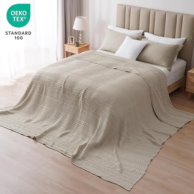 PHF Lightweight 100% Cotton Waffle Blanket, Oversized King, Pearl Gray | Pre-Washed Soft Cotton Comfor, Extra Large 10'x10' Blanket, Giant Big Luxury Aesthetic Woven Bedding for Home Decor