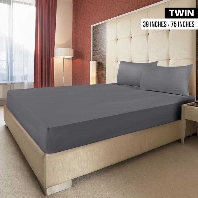 Pack of 6 Twin Fitted Sheet, Fits Up to 16 Inch Deep Pocket, Grey | Hotel Comfort, Cooling & Breathable Cotton like Polyester, Easy Fit, Wrinkle & Fade Resistant, Snug Fit, Easy Care, Oeko-Tex