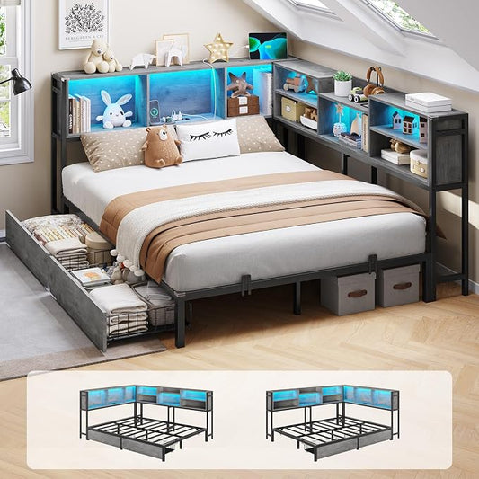 DICTAC Corner Full Bed Frame with Bookcase Storage and Led Lights Metal Platform Bed Frame with 2 Drawers & Charging Station Full Size Daybed with Storage for Living Room,Bedroom,Guest Room,Oak Gray