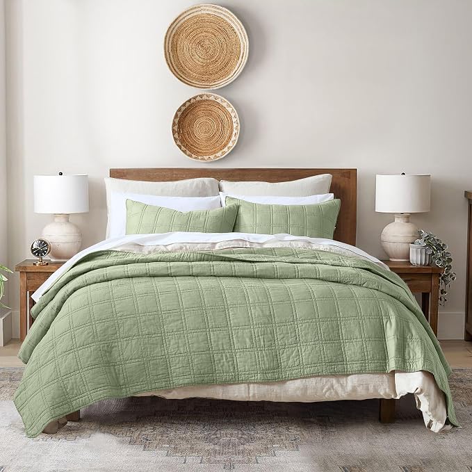 HORIMOTE HOME 100% Cotton Quilt Set Queen Size, Sage Green Pre-Washed Bedspreads Coverlet Set in Geometric Pattern, Cozy Lightweight Stitching Decorative Bedding Cover with 2 Shams for All Season