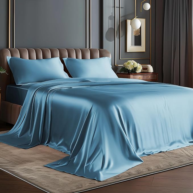 BEDELITE Satin Sheets Twin Size Bed Set, Airy Blue, 3 Pieces | Luxury Silky Bed Sheets, 15 Inch Deep Pocket, Similar to Silk, Soft and Cooling, Reduces Friction, Gentle on Hair and Skin