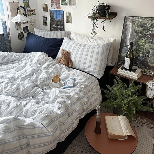 mixinni Vintage Blue & White Striped Duvet Cover Set - 3 Piece 100% Washed Cotton King Size Bedding | Minimalist Relaxed Style | Ultra Soft Breathable, with Zipper Closure & Corner Ties-King Size