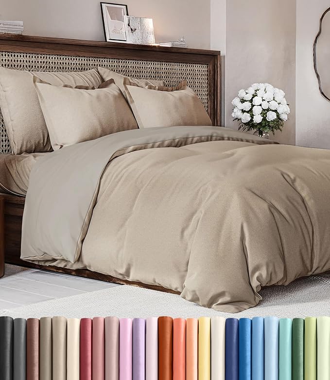 Duvet Cover Full Size - 3 Piece with Zipper Closure - Heathered Beige | Extra Soft, Breathable, Full Duvet Cover 80" x 90" with 2 Pillow Shams, Zipper Closures & Ties, Women, Men, Kids & Teens