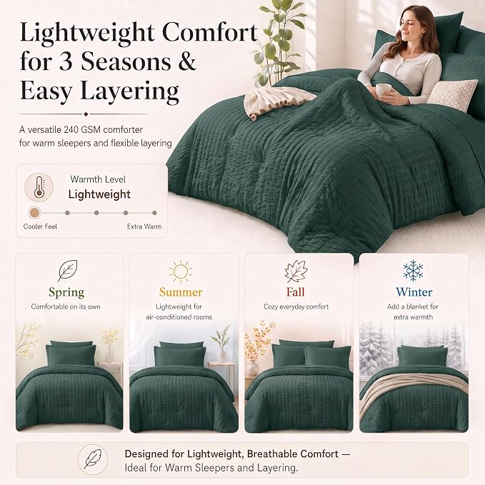 Queen Comforter Set, 7 Pieces Forest Green Seersucker Bed in a Bag | OEKO-TEX Certified, All Season Bedding Set with 240 GSM Down Alternative Comforter, Flat & Fitted Sheets, Pillowcases & Shams