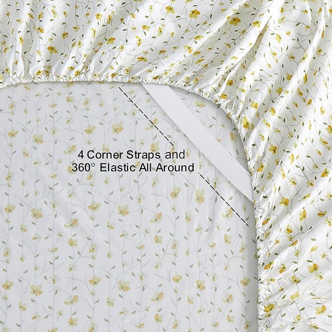 Softan Yellow Floral Twin Size Sheet Set, 3-Piece Microfiber Fitted Bed Sheet with 15" Deep Pockets & Non-Slip Straps, Kids Girls Flower Patterned Bed Sheet & Pillowcase Set