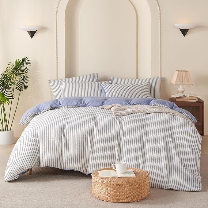 Comforter Set King Size Blue Striped Soft Luxury Washed Microfiber Jacquard 3 Pieces Bedding, White Blue Vertical Ticking Stripes Pattern Comforter with 2 Pillowcases Breathable Durable Comfy