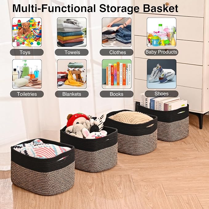 ICERZCZ Storage Baskets for Shelves Organizing, Woven Cotton Rope Baskets for Storage, Book Basket, Decorative Shelf Basket, 12.5"Lx9.1''Wx7.9''H (4 Packs) Black & Jute