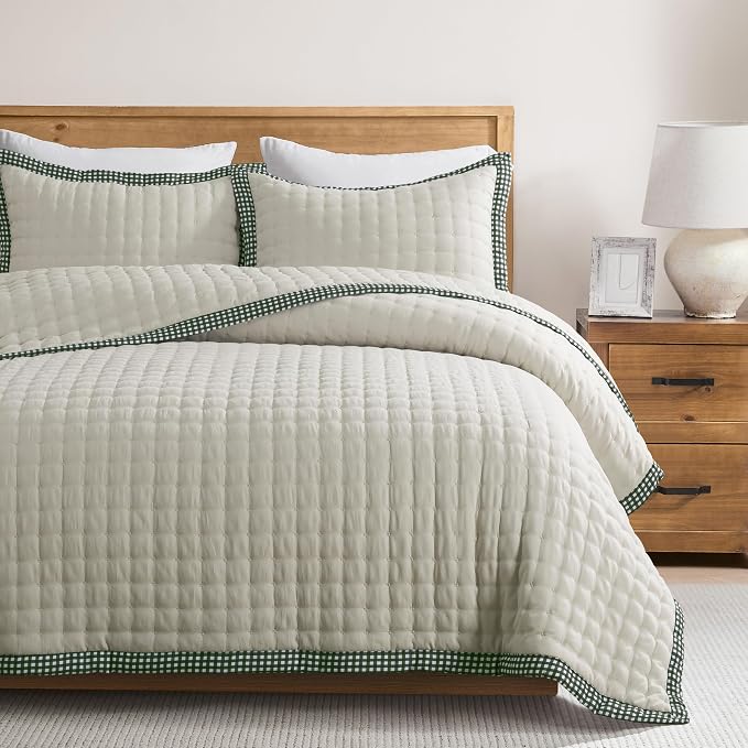 WDCOZY Wheat Cloud Quilt Set Twin Size, Lightweight Soft Cross Stitch Bedspread, Farmhouse Rustic Country Coverlet, Spring Summer Thin Comforter, 2 Pieces, 1 Pillow Sham, 68x90 inches