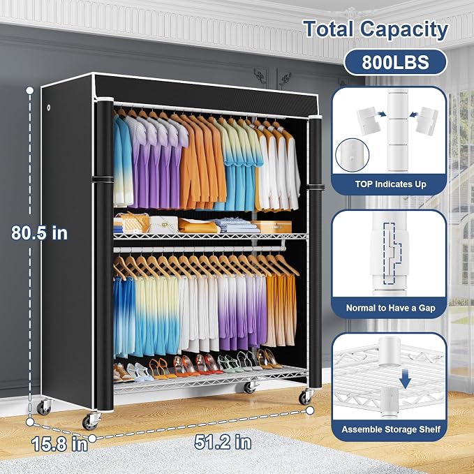 P8C Max Heavy Duty Clothes Rack（With Extended Width Design） Rolling Clothing Racks for Hanging Clothes with Lockable Wheels，51.2"W x 15.8"D x 80.5"H，Load 800LBS，White Rack with Black Cover