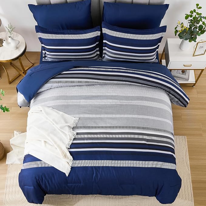 Dobuyly Navy Blue Comforter Set Twin Size Bed in a Bag 5 Piece, Classic Striped Bed Bedding Set with Sheets Soft Microfiber All Season for Teen Boys