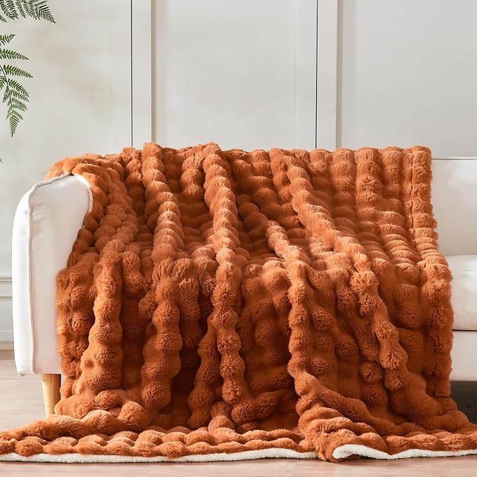 60x80 Inches Ultra-Soft Fuzzy Faux Fur Plush Twin Size Blanket - Thick, Warm Sherpa for Couch, Sofa, Bedroom, Camping - Decorative Blanket for Cozy Warmth, Bubble Rust