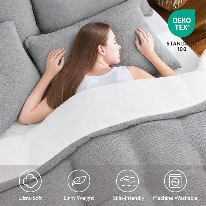 EMME Cotton Muslin Duvet Cover Set Queen Size Linen Like Soft Breathable Lightweight Summer Comforter Cover Set with Zipper Closure (Light Grey&White, Queen, 90"x90")