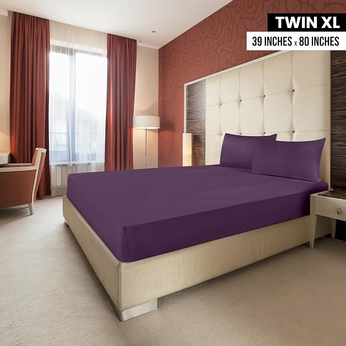 Pack of 2 Twin XL Fitted Sheet, Fits Up to 16 Inch Deep Pocket, Purple | Hotel Comfort, Cooling & Breathable Cotton like Polyester, Easy Fit, Wrinkle & Fade Resistant, Snug Fit, Easy Care, Oeko-Tex
