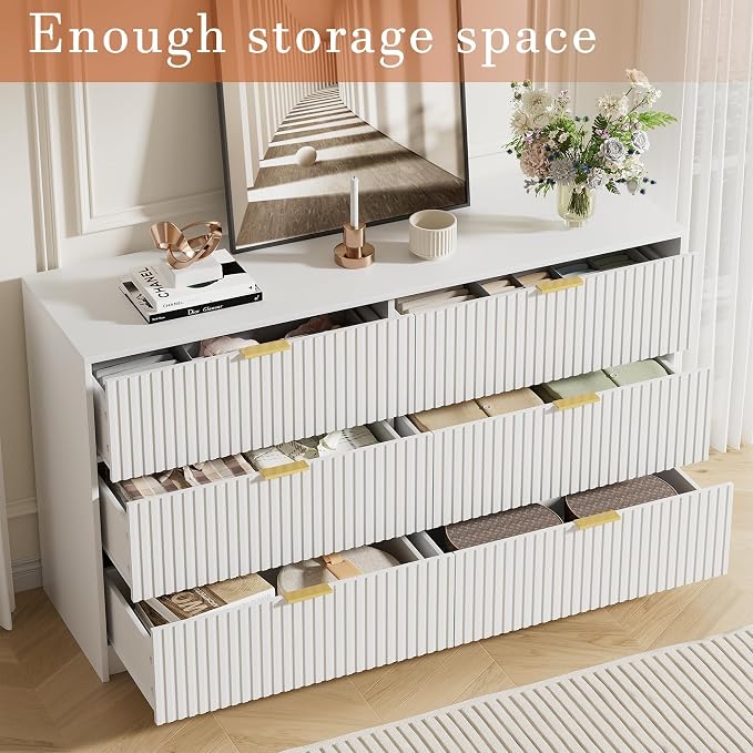 Furniway White Dresser for Bedroom, Modern Dresser with 6 Drawers and Smooth Slides, Wide Chest of Drawers with Golden Handles for Bedroom, Living Room, Closet, 15.7" D x 55.1" W x 31.4" H
