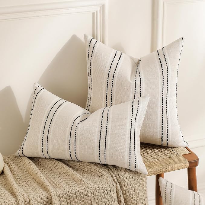 Hckot Black Striped Throw Pillow Covers 20x20 Set of 2 Boho Pillow Covers | Textured Linen Decorative Pillowcase Square Cushion Covers for Bed Couch Sofa Living Room Boho Farmhouse Home Decor