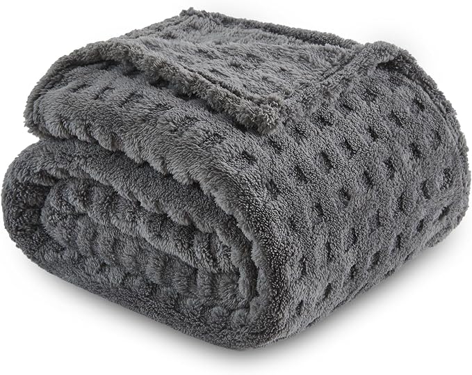 NEWCOSPLAY 3D Waffle Checkered Flannel Twin Blanket, Dark Grey, 60"x80" | Super Soft Cute Lightweight Decorative Premium Silky Fleece Blanket for Couch Sofa Bed, Gift for Women Men, All Season Use