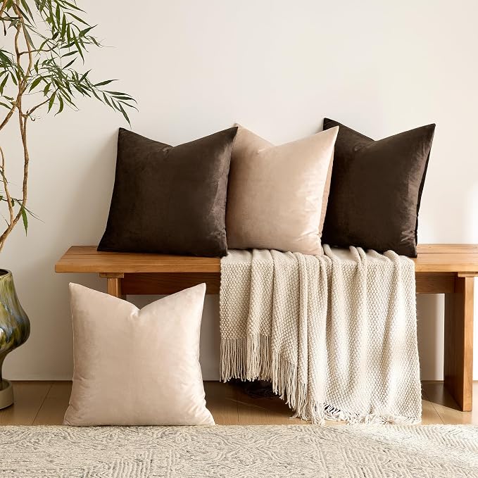 GIGIZAZA Pack of 4 Decorative Velvet Pillow Covers 16x16 Brown Beige | Throw Pillows for Couch Sofa,280gsm Soft Textured Fabric,Modern Accent Pillowcases,Luxury Living Room Cushion Covers