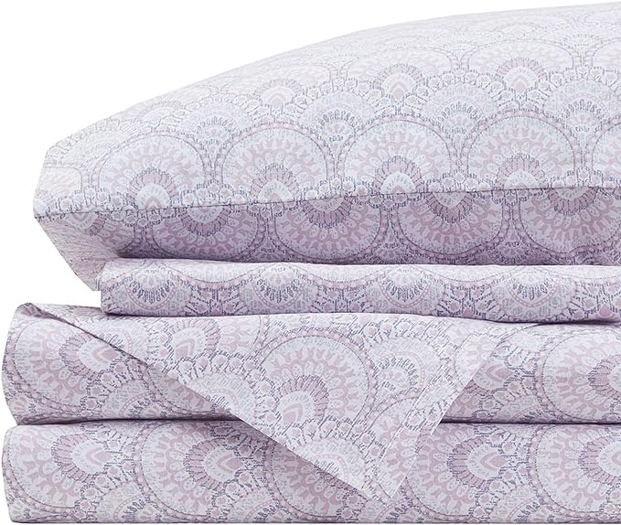 Comfort Spaces 100% Cotton Percale Sheets Twin Size 3 Pcs, Tabitha Purple | Crisp, Cool & Breathable Bed Sheets, 12" Deep Pocket Fits Up to 14" Mattress, Lightweight, All Season Cozy, with Pillow Case