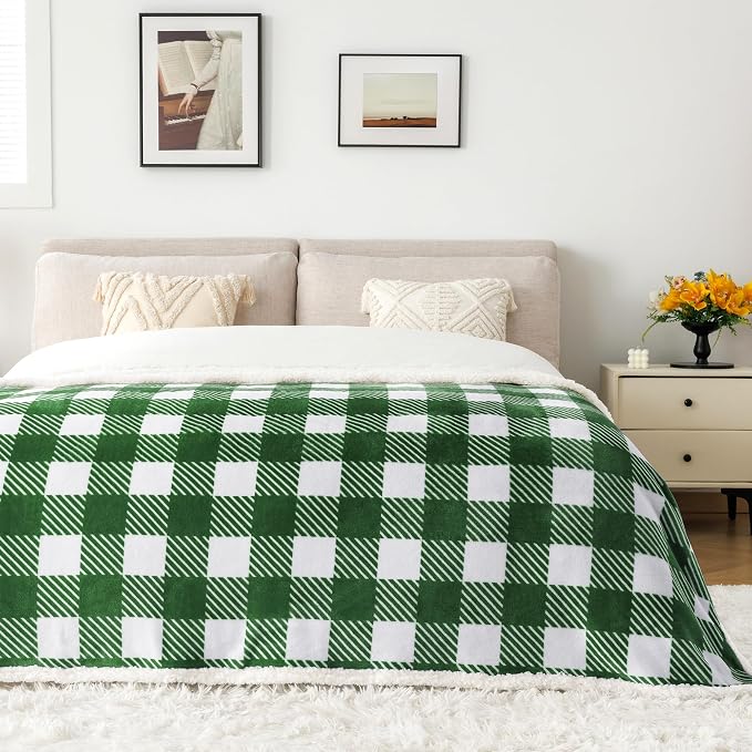 Sherpa Plaid Twin Blanket 60" X 70", Fuzzy Fluffy Soft Cozy Throw Blanket, Twin Size Plush Fleece Flannel Plush Microfiber Blanket for Couch Bed Sofa (GreenWhite)
