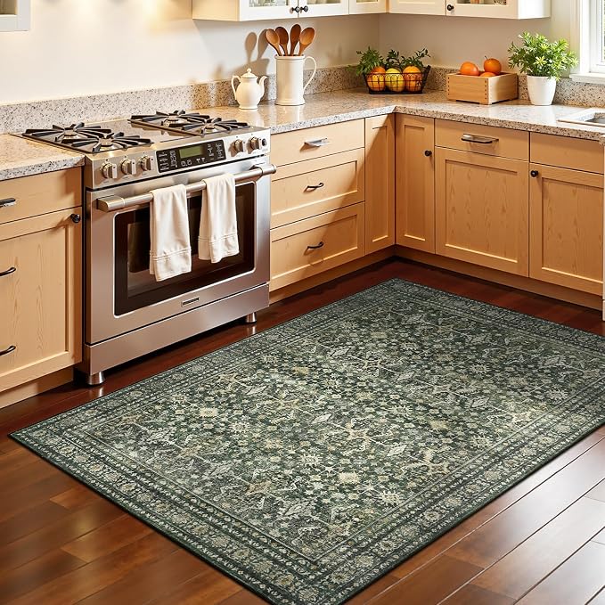 4x6 Area Rugs for Entryway, Green Washable Non-Slip Area Rug for Kitchen | Low Pile Soft Small Rugs, Vintage-Style Carpet for Bathroom Bedroom Tool Room, Stain Resistant Foldable Distressed Rug