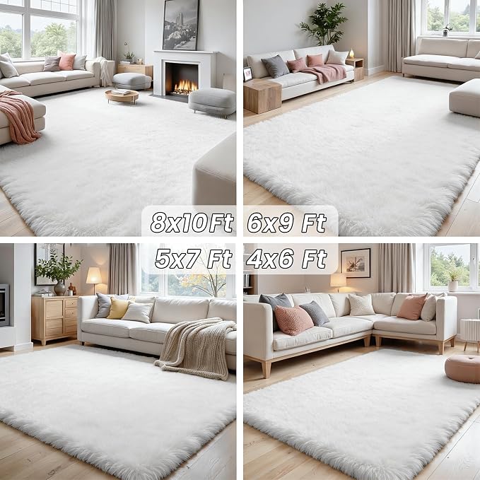 5x8 Fluffy Shag Area Rugs for Living Room Bedroom: Soft Plush Carpet White | Upgraded Non-Slip Thick Memory Foam, Ultra Soft, Non-Shedding Fuzzy Carpet, Easy Clean Decor for Kids Room, Nursery, Playroom