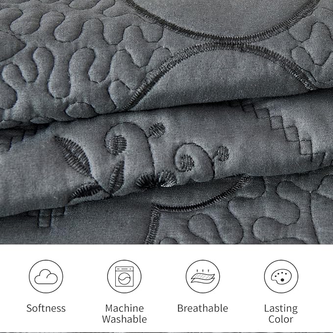 Cmfshape Floral Embroidery Quilt Set,3 Pieces Queen Quilt Bedding Set,Classic Diamond Pattern Quilts,Ultra Soft Lightweight Reversible Bedspread Coverlets for All Season(Grey,90"x90")