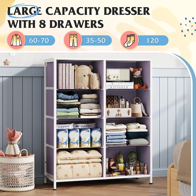 WLIVE 8 Drawer Fabric Dresser for Bedroom, Tall Storage Tower, Purple | Purple 8-drawer tall storage tower with fabric bins and wood tabletop, breathable non-woven, perfect for bedroom closet dorm