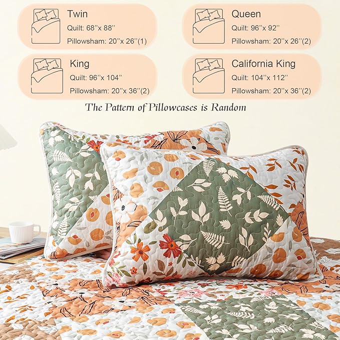 Whale Flotilla Patchwork Quilt King Size, Extra Soft Floral Bedspreads | Orange Reversible Lightweight King Quilt Bedding Set for Bed, Printed Coverlets with 2 Pillow Shams for All Seasons
