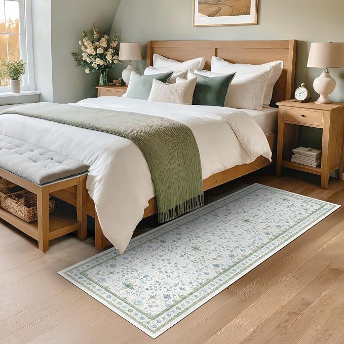 Washable Oushak Bathroom Runner Rug 2x5 - Eclectic Boho Floral Pastel, Non Slip Low Pile Stain Resistant Small Throw Rug for Bedroom, Laundry Room, Powder Room, Cream Green