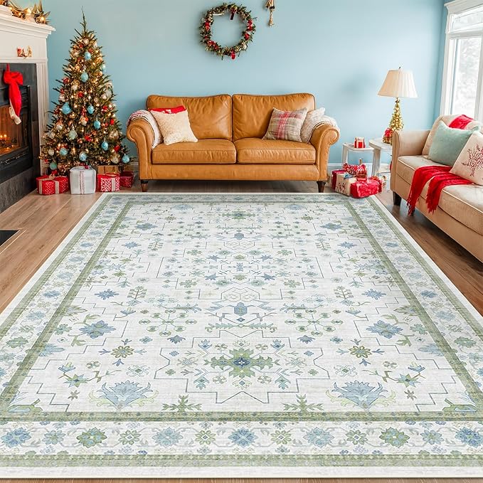 Blue and Green Living Room Rug 8x10 - Cream Oushak Vintage Boho Floral Farmhouse, Washable Low Pile Non-Slip Extra Large Area Rugs for Bedroom, Girls, Boys, Playroom, Lounge