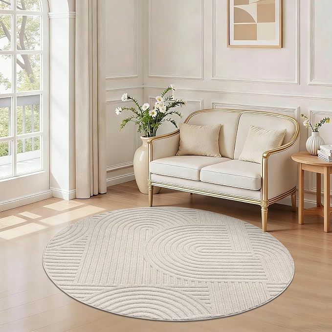 Pauwer 4ft Area Rugs for Living Room, Modern Non Slip Washable Rug, Beige | Arch Pattern, Soft Fluffy, Neutral, Boho Accent, Indoor Round Floor Carpet, For Kids Room Dining Room Nursery Entryway