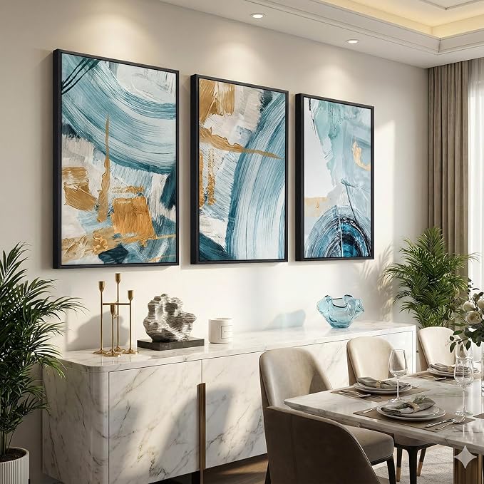 Large Framed Blue and Gold Abstract Wall Art for Living Room, 3 Piece 24x36 | Minimalist elegant pictures, Canvas prints, Modern paintings, Artwork for walls, Wall decor for dining bedroom hallway lounge