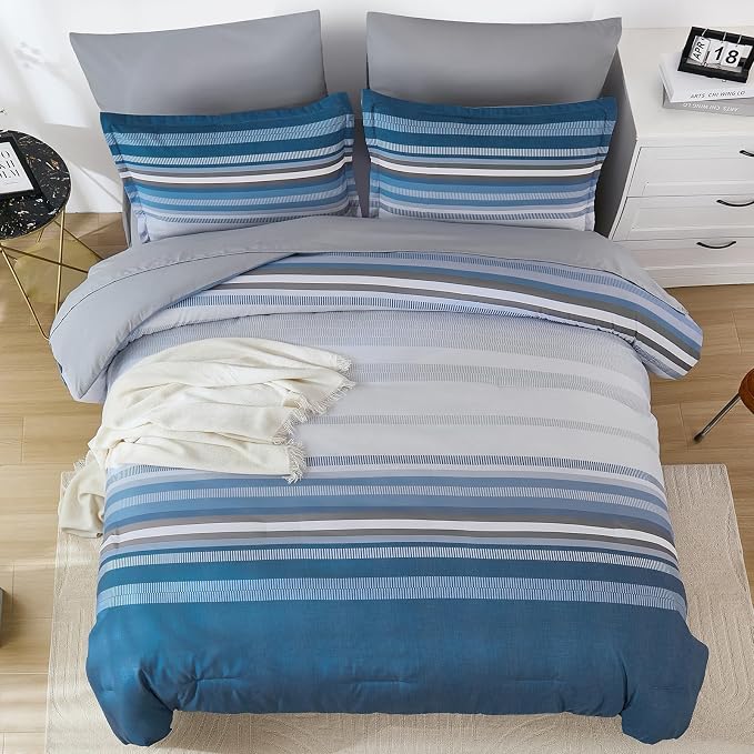 Dobuyly Grayish Blue Queen Comforter Set 7 Pieces, Boho Striped Bed in a Bag Queen Size Soft Microfiber All Season Grey Bedding Set with Comforter, Sheets, Pillowcases & Shams