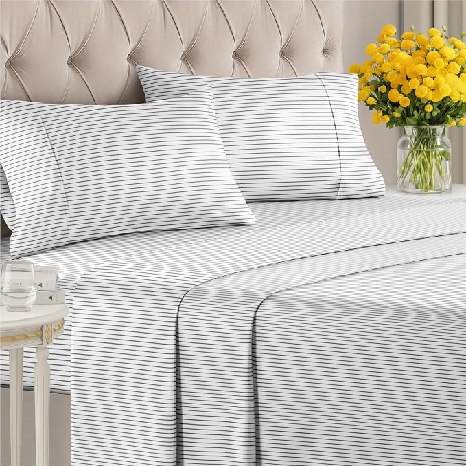 Queen 4 Piece Striped Sheet Set - Soft, Breathable & Cooling - Fine Lines | 1 Flat, 1 Fitted & 2 Pillowcases w/ Deep Pockets, Luxury Striped Bedding, Soft, Breathable & Cooling, Wrinkle & Fade Free