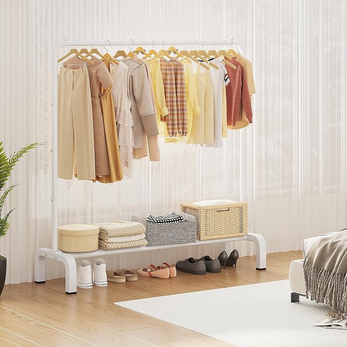 JIUYOTREE Metal Clothing Rack, 43.3 Inches Clothes Garment Coat Rack with Bottom Shelf for Hanging Skirts, Shirts, Sweaters, White | Metal 43.3 Inches Garment Rack Clothing Clothes Rack with Bottom Shelf for Hanging Clothes Coats Skirts Shirts Sweaters...