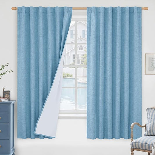 100% Blackout Blue Linen Curtains 63 Inches 2 Panels, 52 x 63 Inch | Room Darkening, Bedroom Curtains, Thermal Privacy, Neutral Panels, Rod Pocket Back Tab, with White Liner, 2 Panels