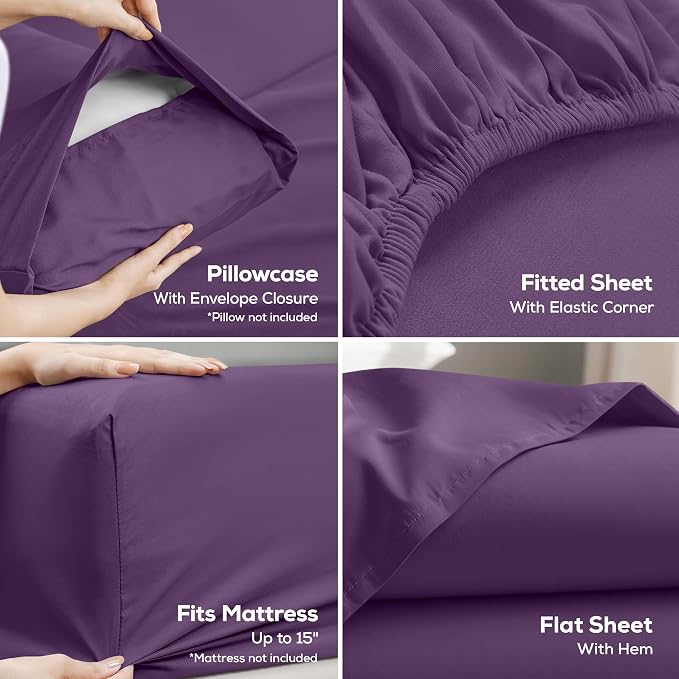 California King Sheets Set, 4 Pieces 16" Deep Pocket Bed Sheets, Egg Plant | Extra Soft Bedsheet Set, Comfy & Breathable Cooling Sheets, Wrinkle & Fade Resistant, Fitted Sheet, Flat Sheet, 2 Pillowcases