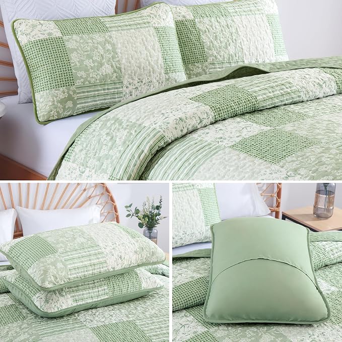 Mybedsoul Boho Quilt Twin Size, Floral Bedspread Dorm Bedding, Light Green | Soft Lightweight Patchwork Quilt, 2 Pieces Plaid Coverlet Set for All Seasons, Reversible Bedding Set Twin 68"×86"