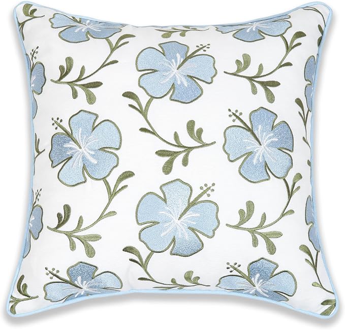 Hofdeco Premium Coastal Patio Indoor Outdoor Throw Pillow Cover Only, 18"x18" Water Repellent for Backyard, Couch, Baby Blue Green Embroidered Hibiscus Floral with Piping (Pack of 2)
