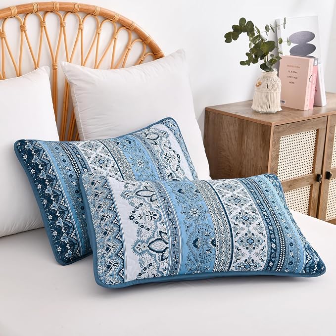 WONGS BEDDING Blue Quilt Queen Size,3 Pcs Bedspread Bedding Set | Colorful Bohemian Striped Printed Bedding for All Season, Lightweight Microfiber Coverlet Set with 2 Pillowcases( 96"x90" )