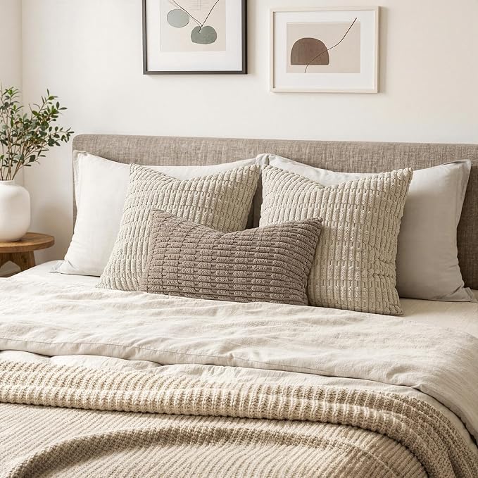 MIULEE Lumbar Corduroy Decorative Throw Pillow Covers 12x20 Light Brown | Pack of 2 Soft Boho Striped Pillow Covers Modern Farmhouse Fall Home Decor For Sofa Living Room Couch Bed
