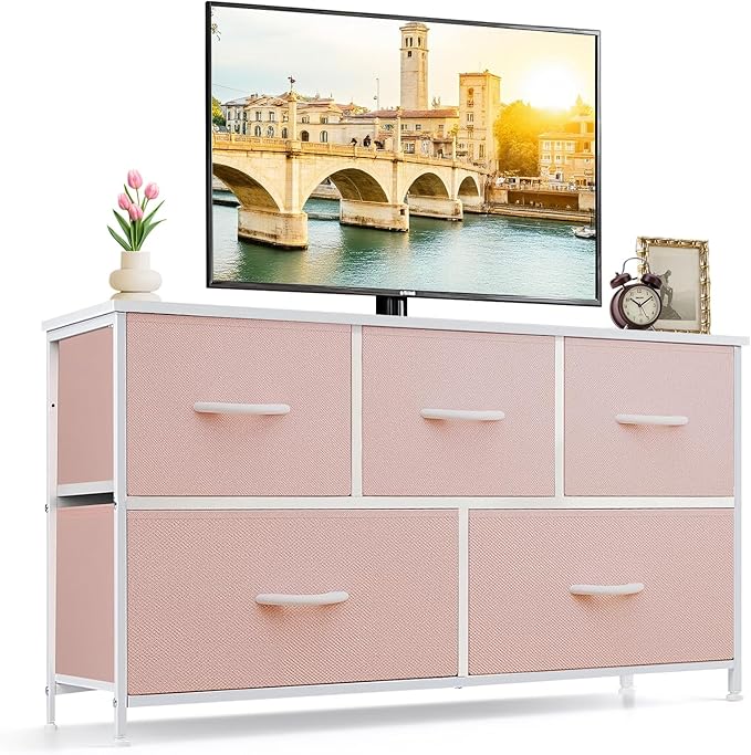 5-Drawer Dresser for Bedroom, Anti-Tip Wide Storage Organizer Fabric | Chest of Drawers TV Stand for 45" TV with Wooden Top and Metal Frame for Closet, Living Room, Hallway, Entryway, Pink