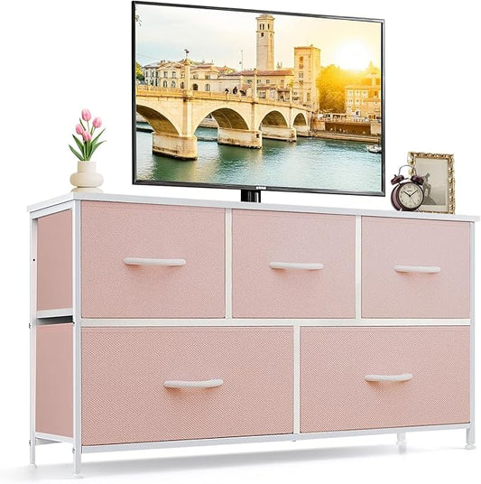 5-Drawer Dresser for Bedroom, Anti-Tip Wide Storage Organizer Fabric | Chest of Drawers TV Stand for 45" TV with Wooden Top and Metal Frame for Closet, Living Room, Hallway, Entryway, Pink