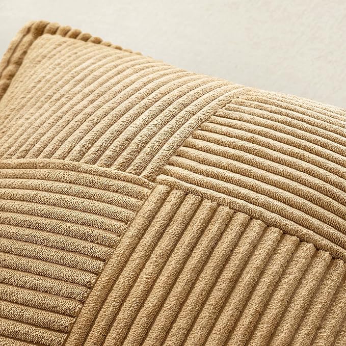 MIULEE Decorative Throw Pillow Covers for Couch 18x18 Inch Brown 2 Pack | Boho Broadside Striped Patchwork Pillow Covers, Soft Corduroy Cushion Cases, For Sofa Bed Livingroom Home Decor
